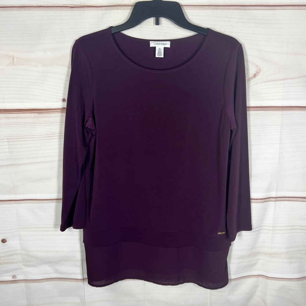Calvin Klein Blouse Women Small Purple Solid Layered Chiffon Hem 3/4 Sleeve Top